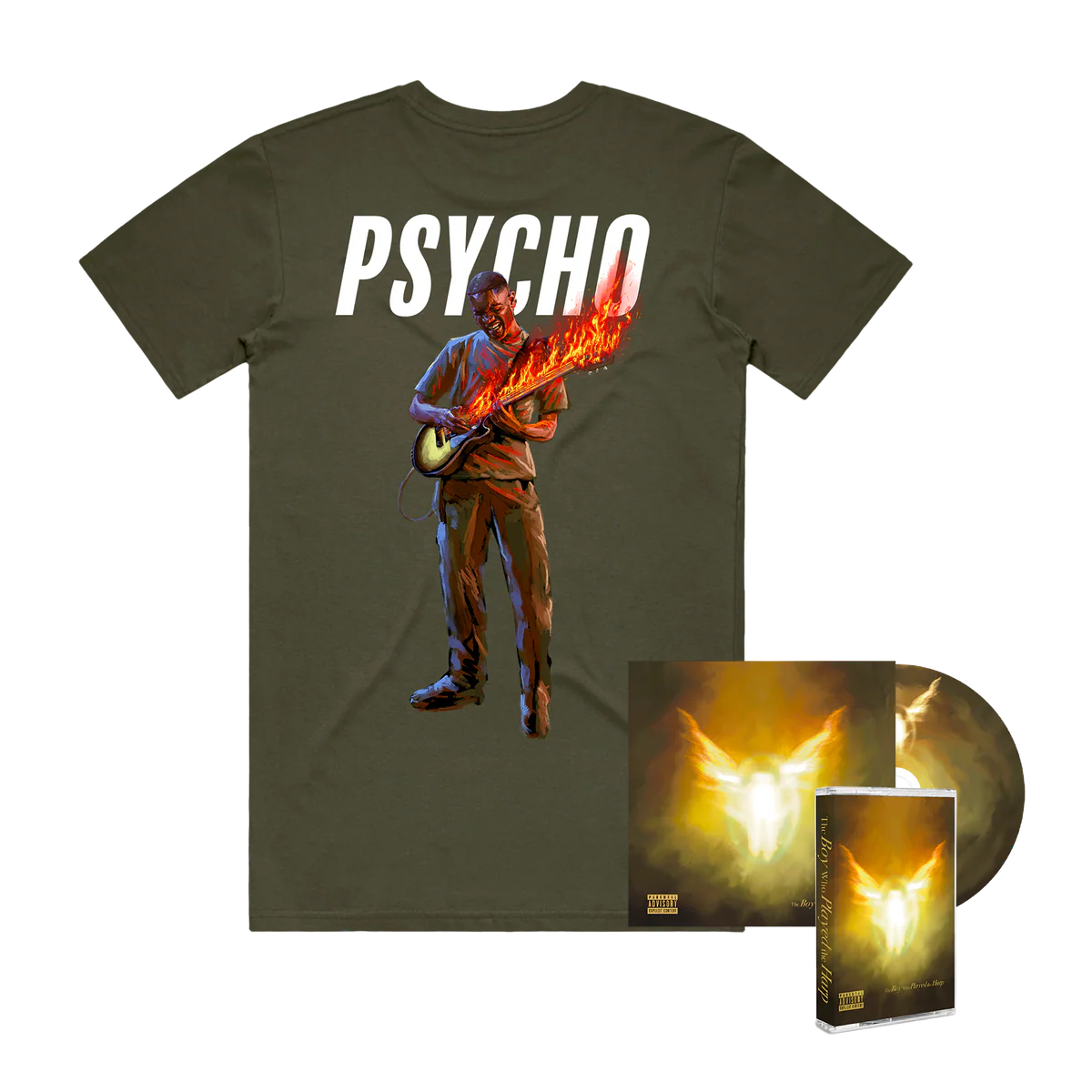Psycho In The Fire Khaki Tee, CD + Cassette