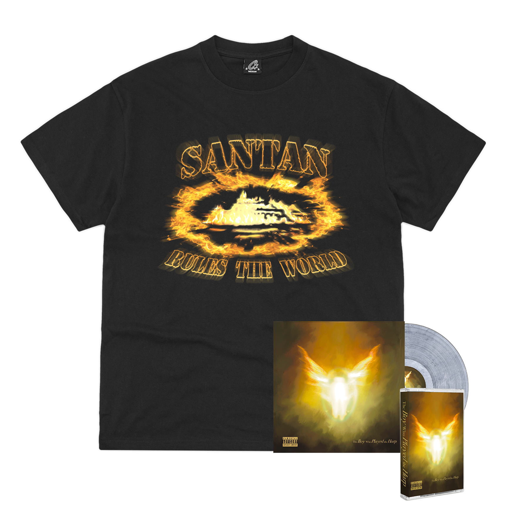 Santan Alcatraz Tee (Black/Orange Flame), Silver 2LP Vinyl + Cassette